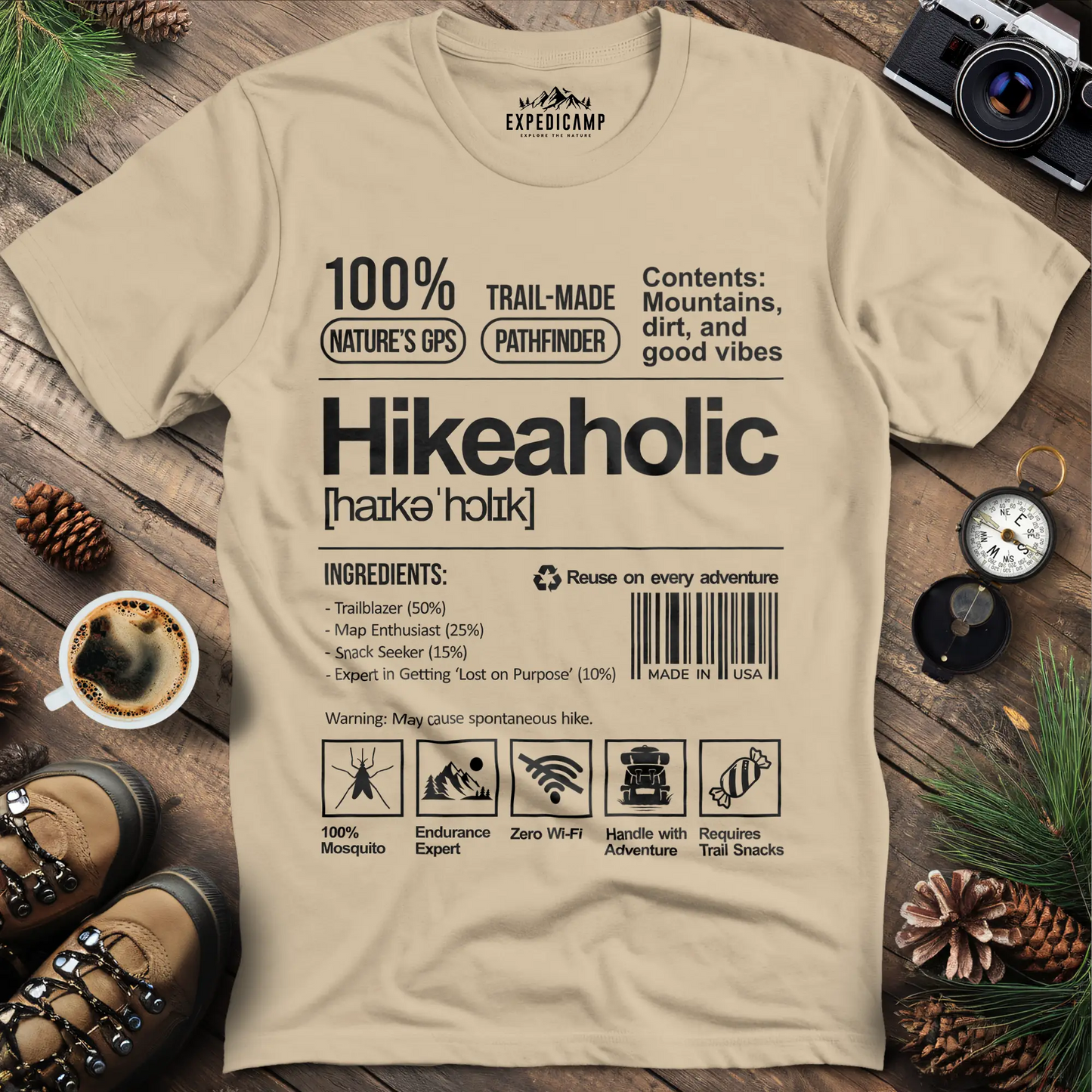 Hikeaholic T-Shirt – Funny Hiking Addict Label Tee