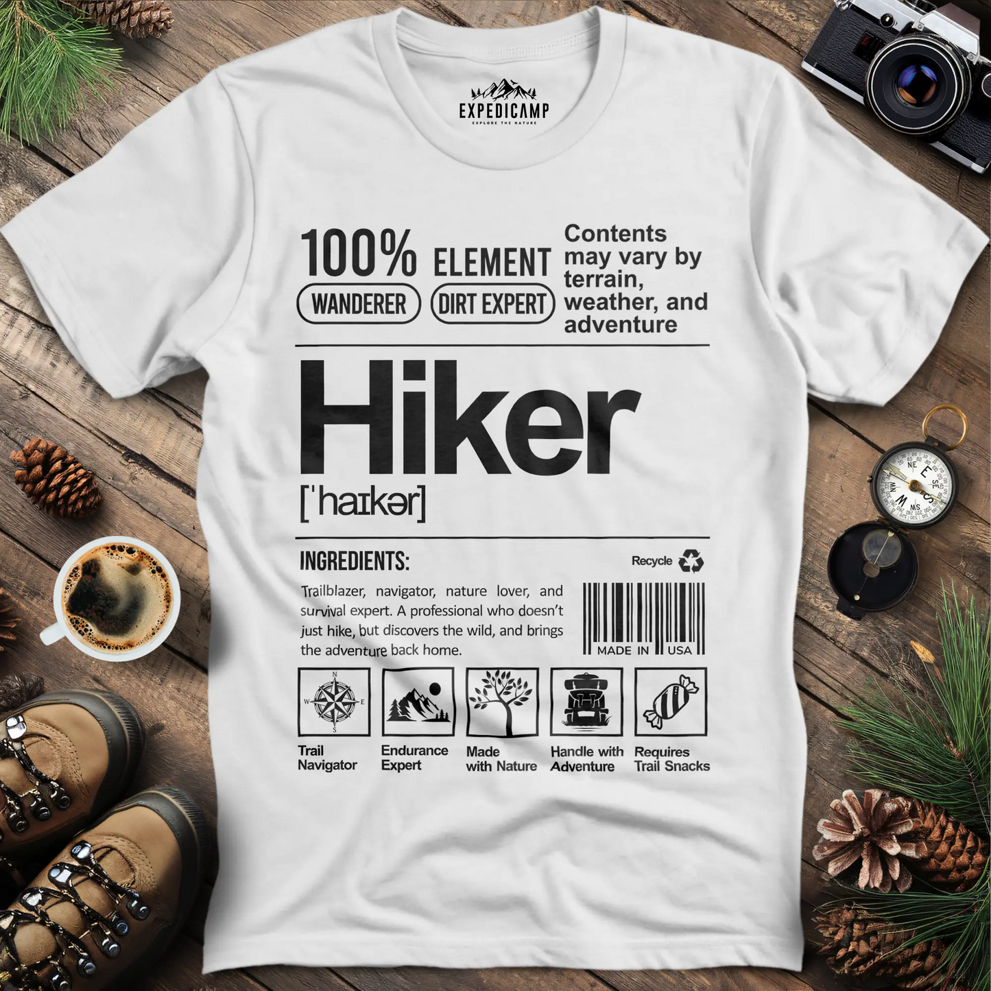 Hiker Label T-Shirt – Funny Hiking Ingredient Label Tee