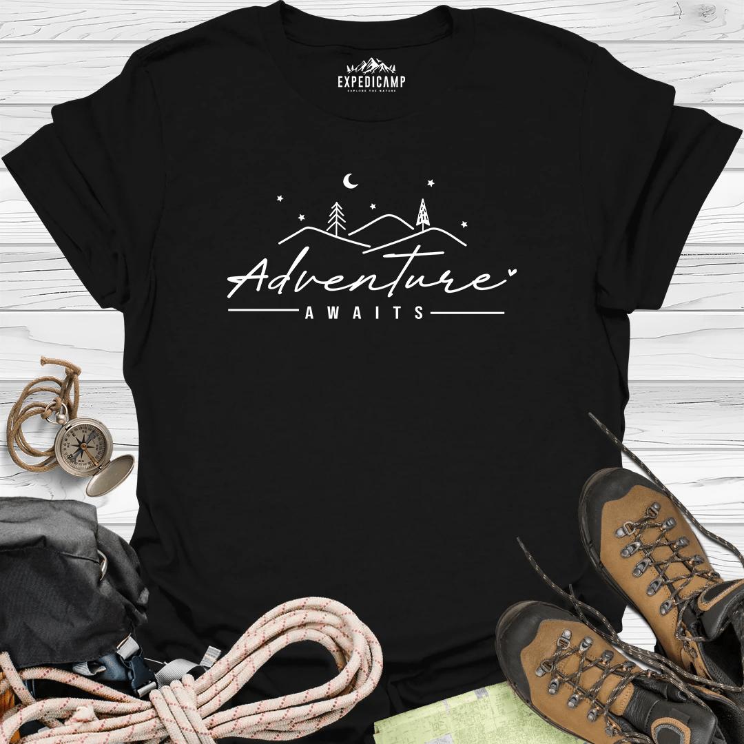 Adventure Awaits T-Shirt – Black – Outdoor apparel for travel, hiking, camping, and nature lovers – ExpediCamp