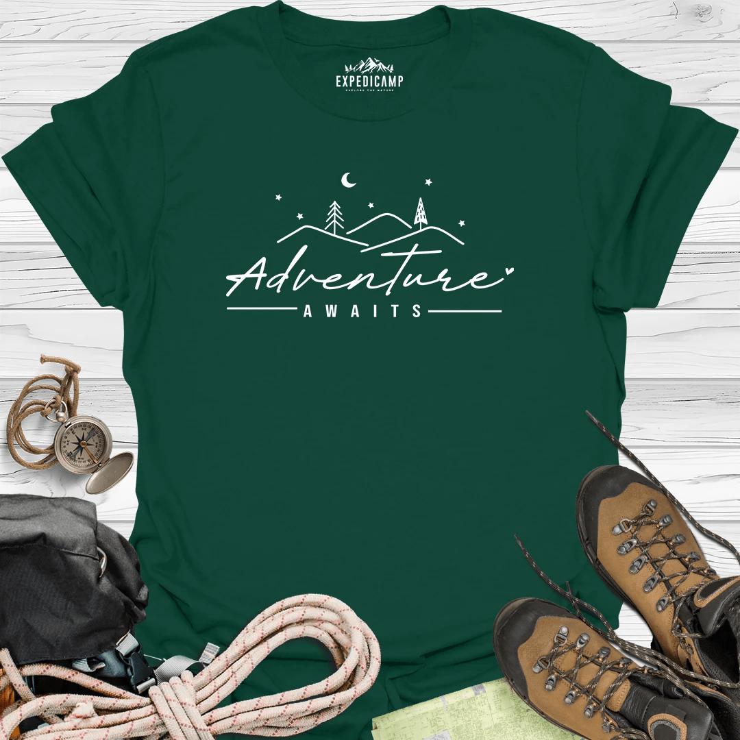 Adventure Awaits T-Shirt – Forest Green – Outdoor apparel for travel, hiking, camping, and nature lovers – ExpediCamp
