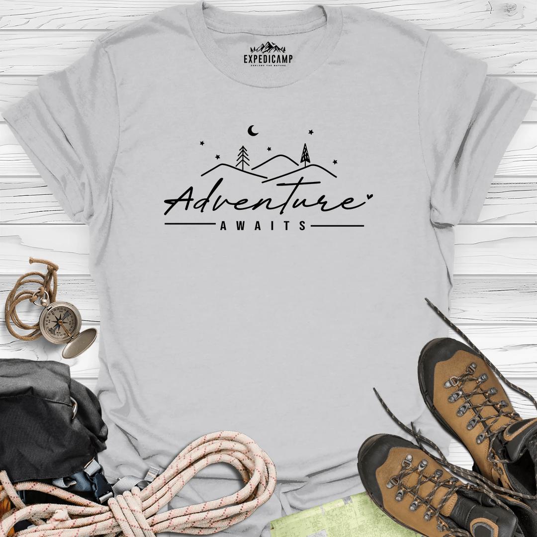 Adventure Awaits T-Shirt – Ice Grey – Outdoor apparel for travel, hiking, camping, and nature lovers – ExpediCamp