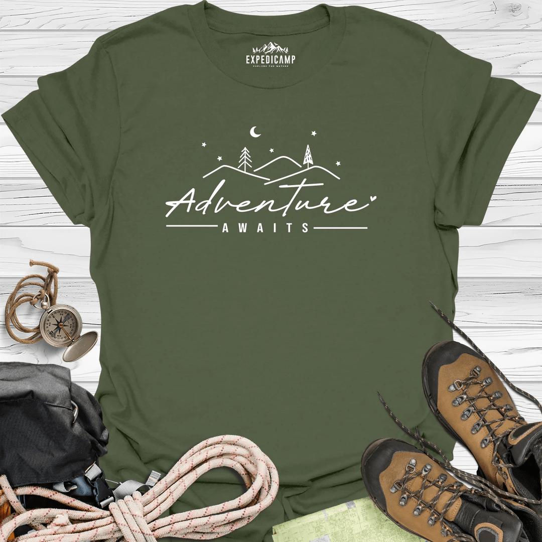 Adventure Awaits T-Shirt – Military Green – Outdoor apparel for travel, hiking, camping, and nature lovers – ExpediCamp