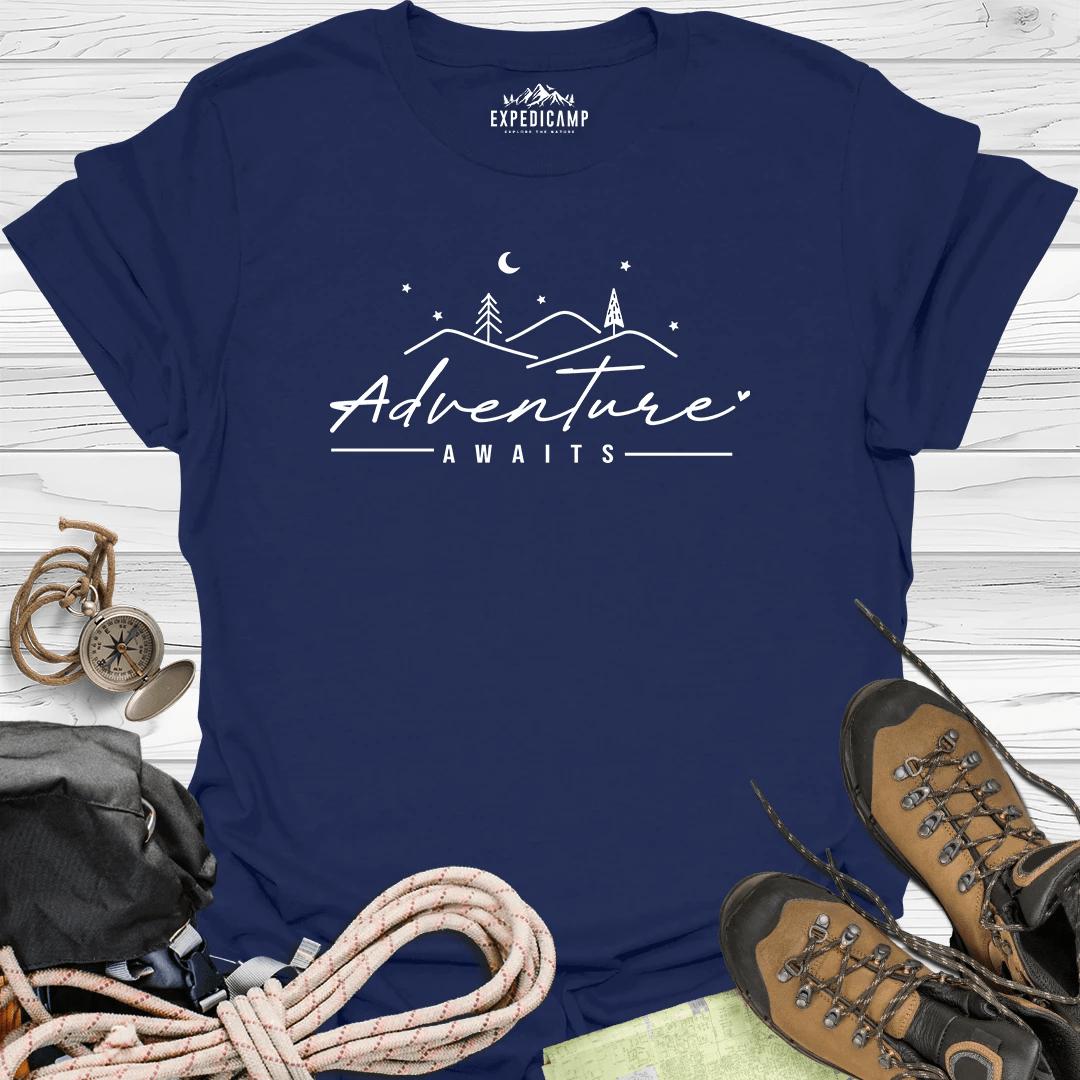 Adventure Awaits T-Shirt – Navy – Outdoor apparel for travel, hiking, camping, and nature lovers – ExpediCamp
