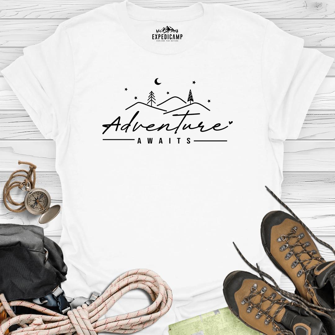 Adventure Awaits T-Shirt – White – Outdoor apparel for travel, hiking, camping, and nature lovers – ExpediCamp