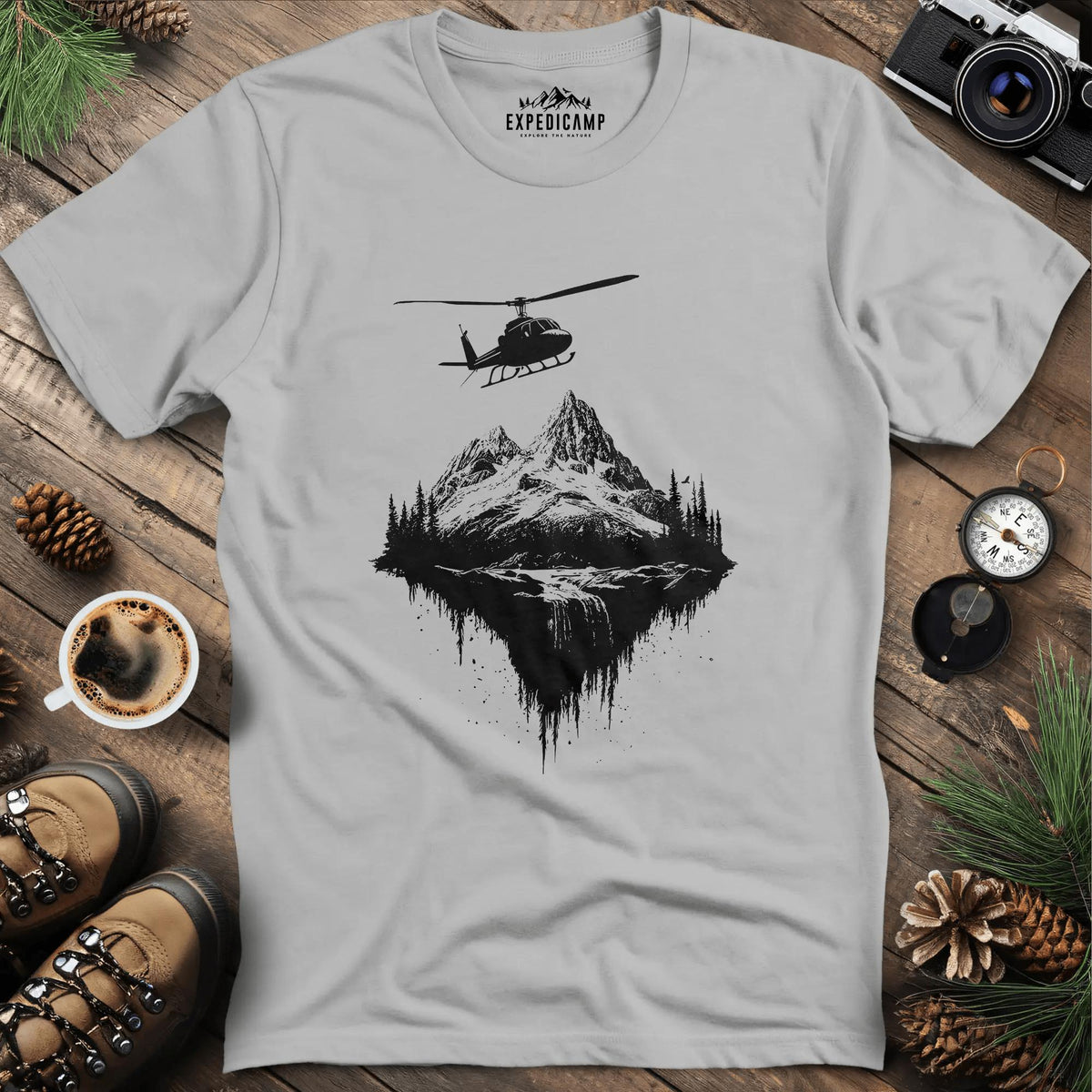 Adventure Helicopter T-Shirt – Ice Grey – Outdoor apparel for travel, hiking, camping, and nature lovers – ExpediCamp