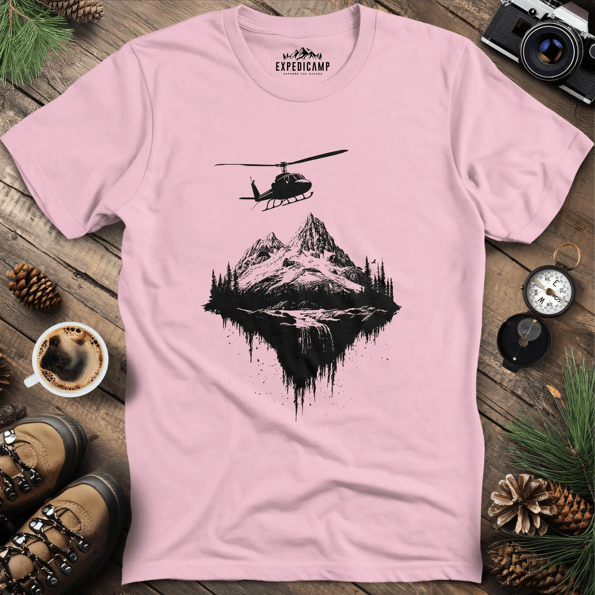 Adventure Helicopter T-Shirt – Light Pink – Outdoor apparel for travel, hiking, camping, and nature lovers – ExpediCamp