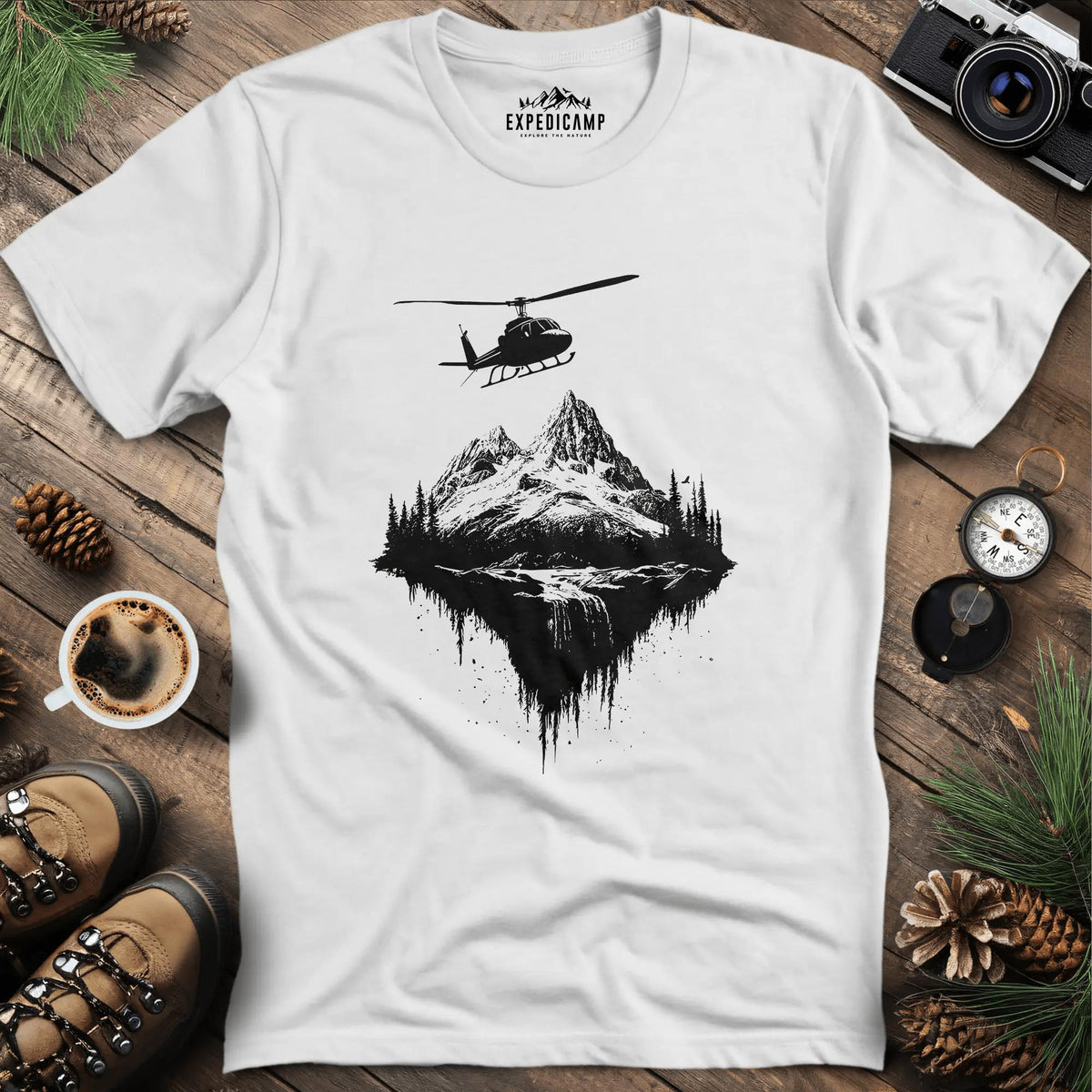 Adventure Helicopter T-Shirt – White – Outdoor apparel for travel, hiking, camping, and nature lovers – ExpediCamp