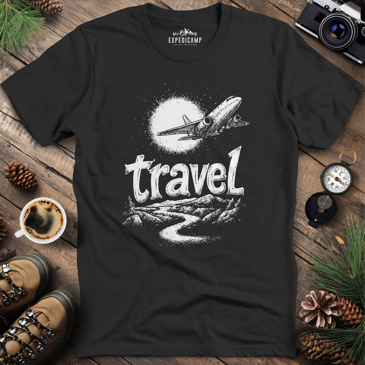 Adventure Travel Explorer T-Shirt – Black – Outdoor apparel for travel, hiking, camping, and nature lovers – ExpediCamp