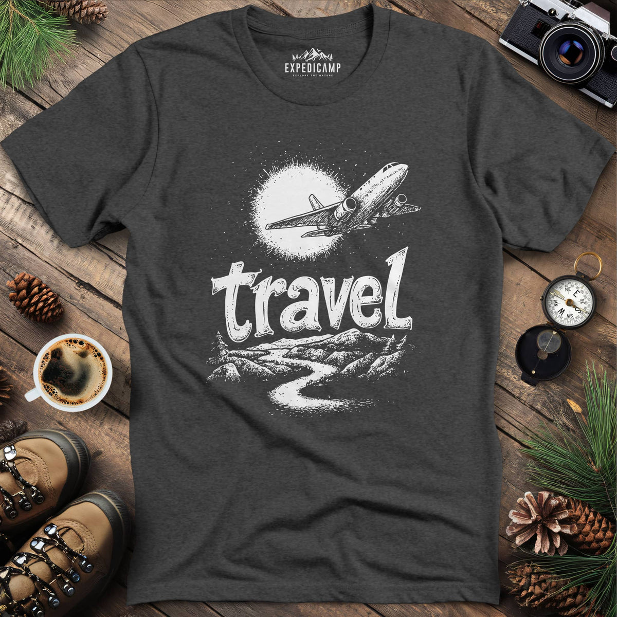 Adventure Travel Explorer T-Shirt – Dark Heather – Outdoor apparel for travel, hiking, camping, and nature lovers – ExpediCamp