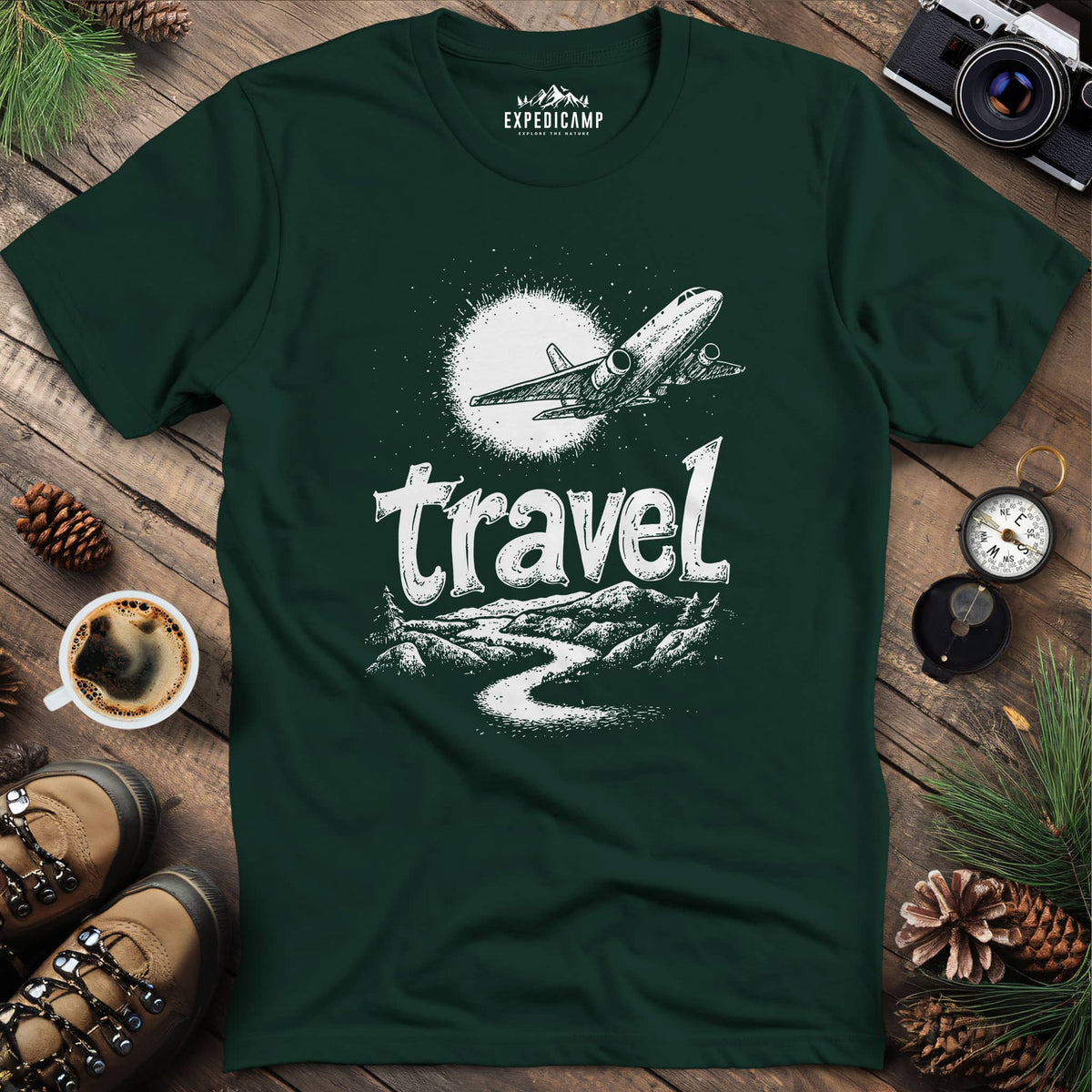 Adventure Travel Explorer T-Shirt – Forest Green – Outdoor apparel for travel, hiking, camping, and nature lovers – ExpediCamp
