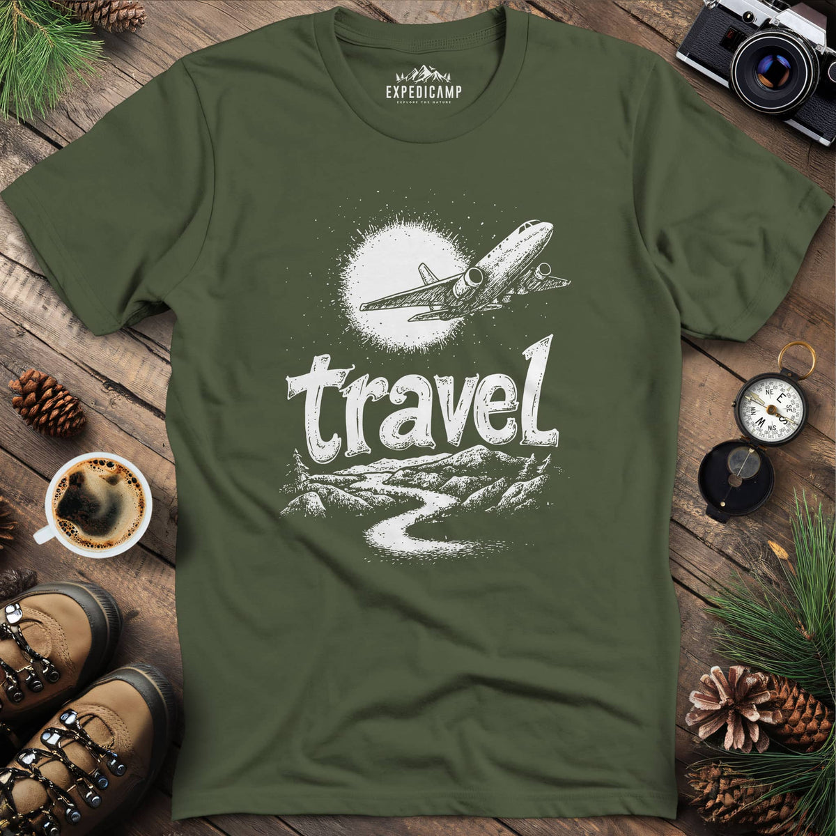 Adventure Travel Explorer T-Shirt – Military Green – Outdoor apparel for travel, hiking, camping, and nature lovers – ExpediCamp