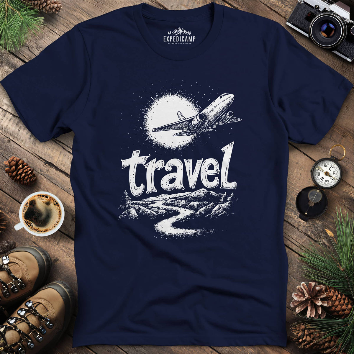 Adventure Travel Explorer T-Shirt – Navy – Outdoor apparel for travel, hiking, camping, and nature lovers – ExpediCamp