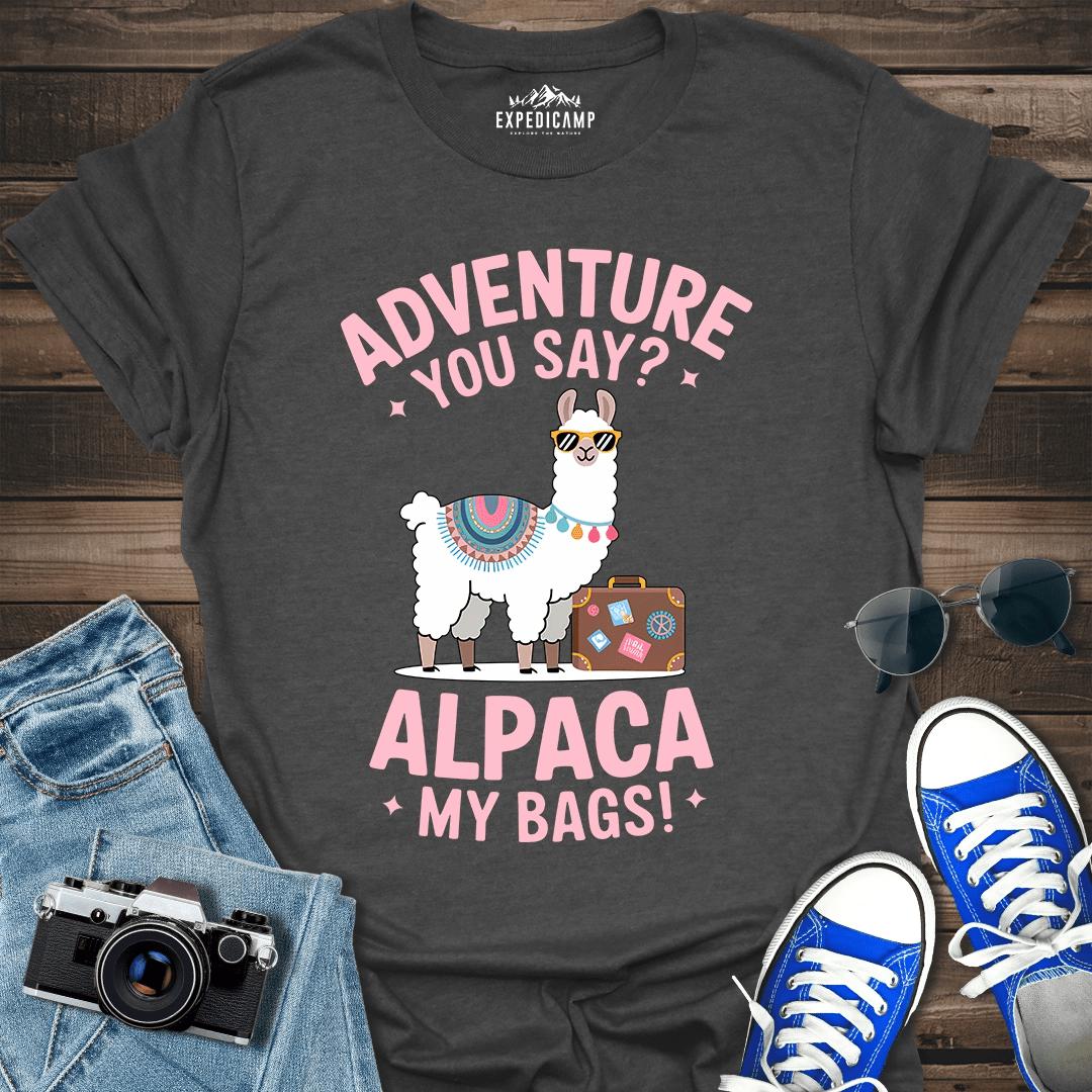 Adventure You Say I'll Pack My Bags T-Shirt – Dark Heather – Outdoor apparel for travel, hiking, camping, and nature lovers – ExpediCamp