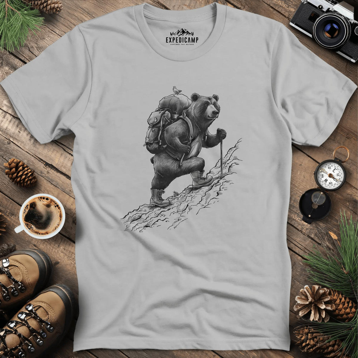Adventurous Bear Hiking T-Shirt – Ice Grey – Outdoor apparel for travel, hiking, camping, and nature lovers – ExpediCamp