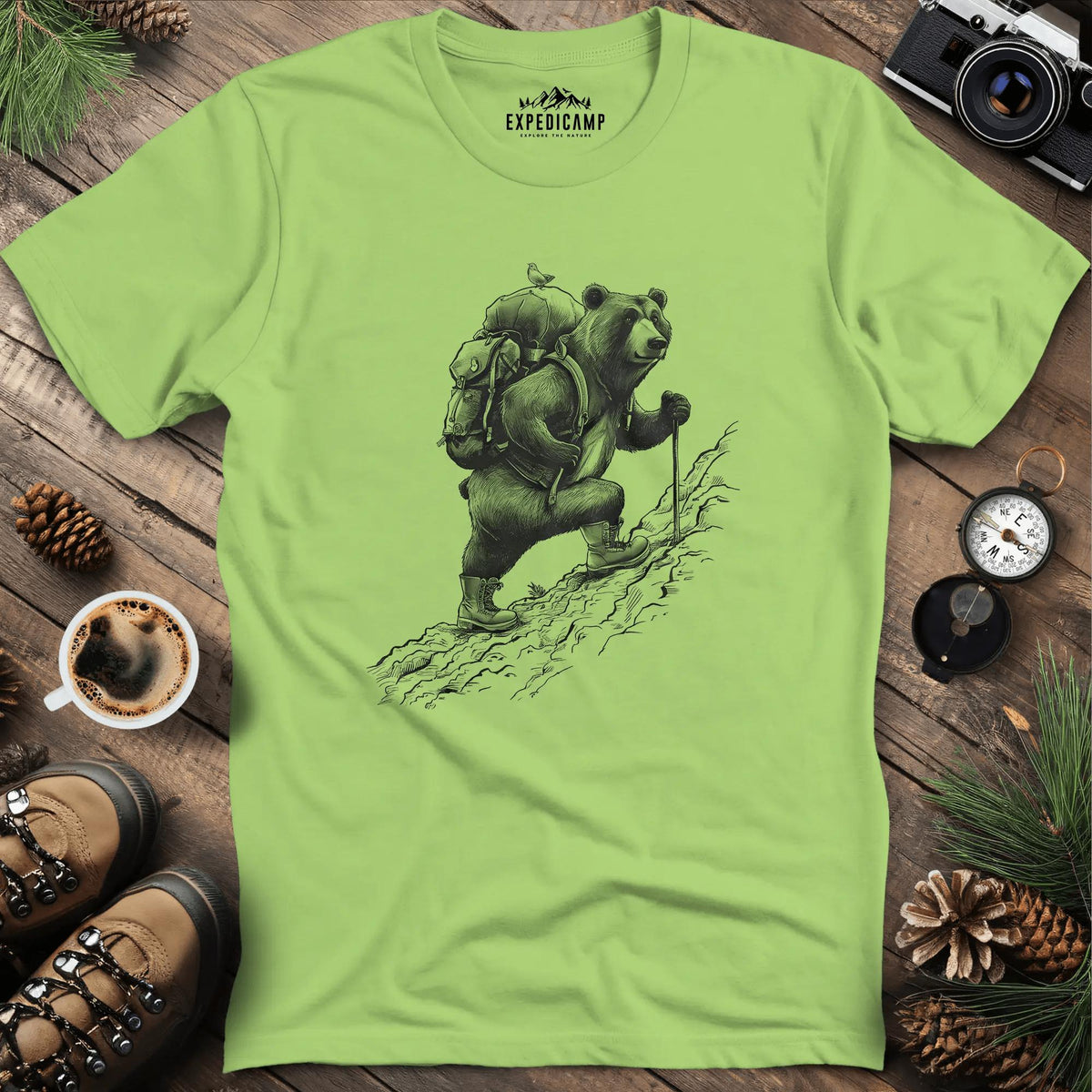 Adventurous Bear Hiking T-Shirt – Kiwi – Outdoor apparel for travel, hiking, camping, and nature lovers – ExpediCamp