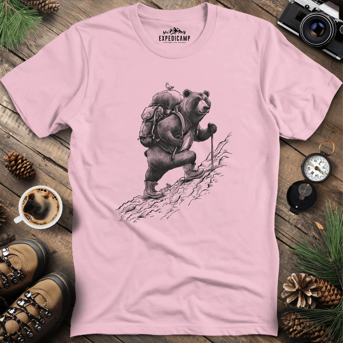 Adventurous Bear Hiking T-Shirt – Light Pink – Outdoor apparel for travel, hiking, camping, and nature lovers – ExpediCamp