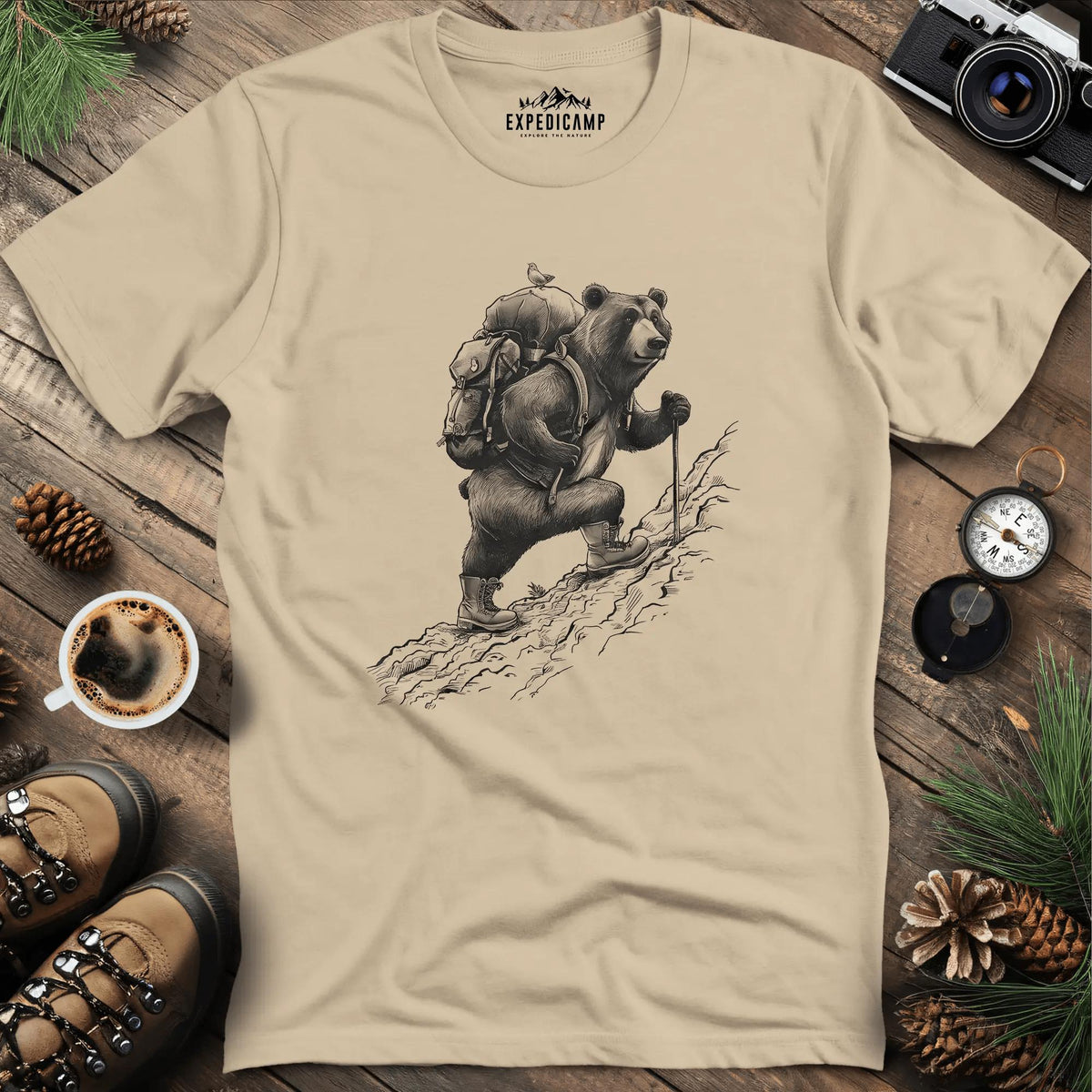Adventurous Bear Hiking T-Shirt – Sand – Outdoor apparel for travel, hiking, camping, and nature lovers – ExpediCamp