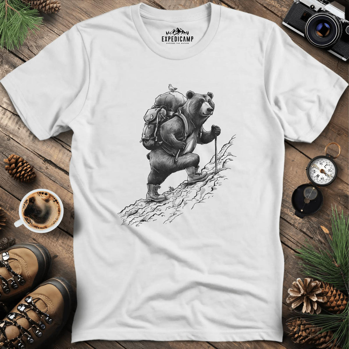 Adventurous Bear Hiking T-Shirt – White – Outdoor apparel for travel, hiking, camping, and nature lovers – ExpediCamp
