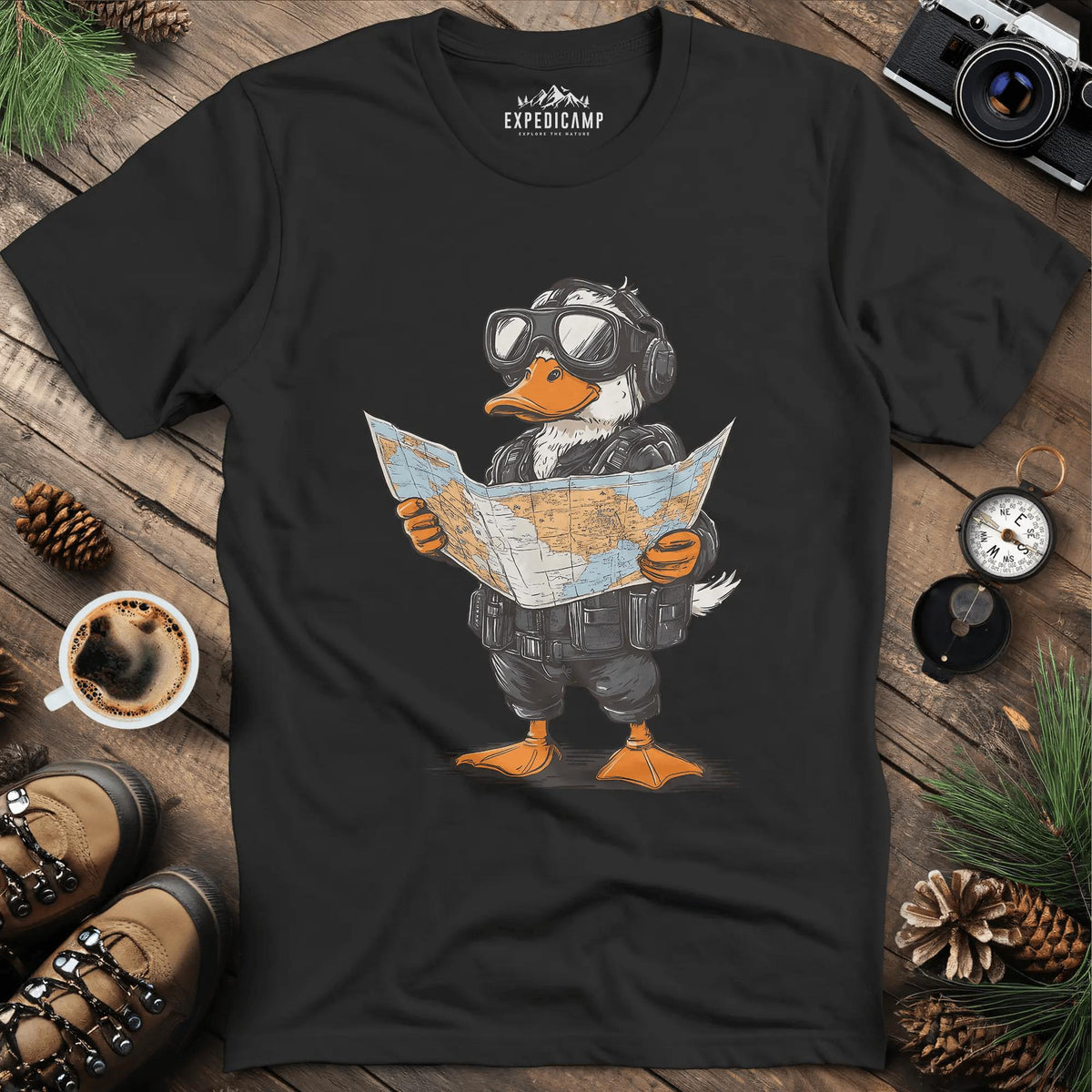 Adventurous Duck Navigator T-Shirt – Black – Outdoor apparel for travel, hiking, camping, and nature lovers – ExpediCamp