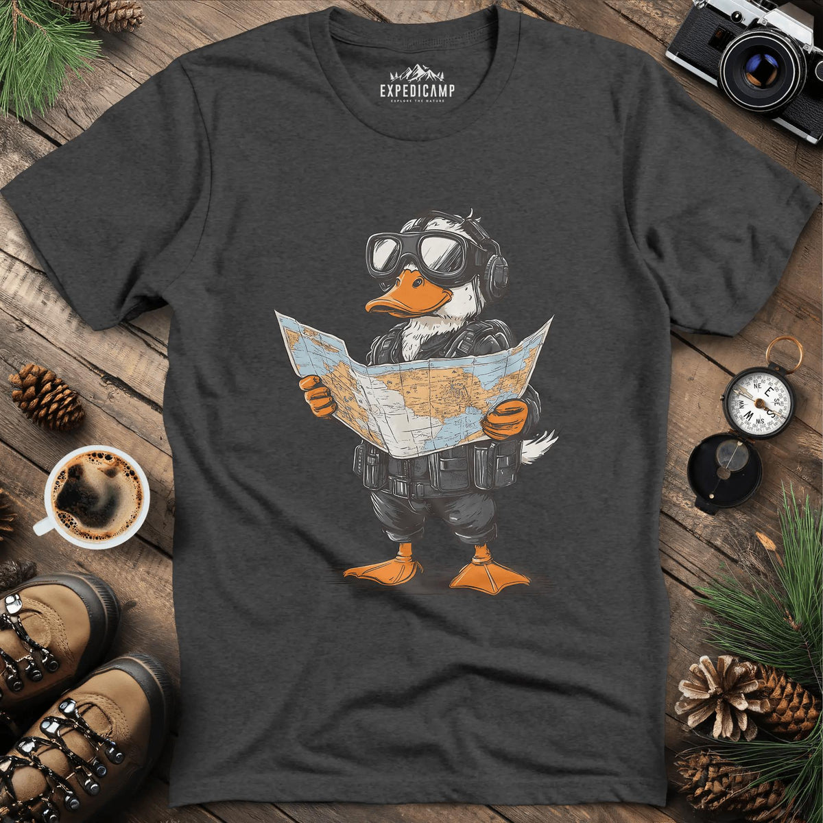 Adventurous Duck Navigator T-Shirt – Dark Heather – Outdoor apparel for travel, hiking, camping, and nature lovers – ExpediCamp