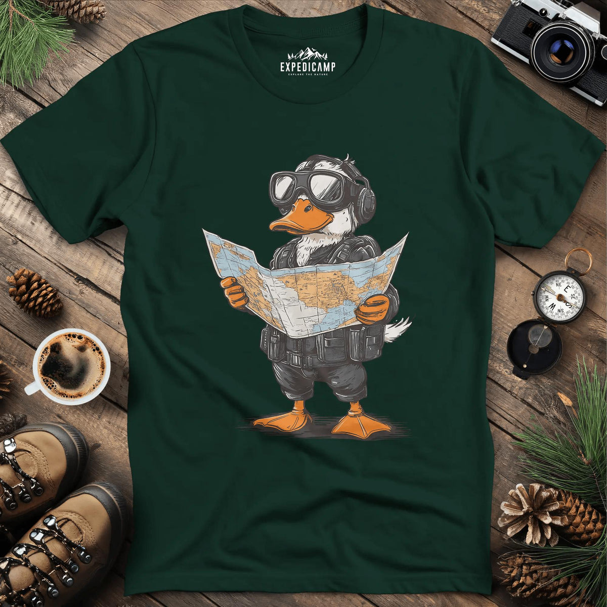 Adventurous Duck Navigator T-Shirt – Forest Green – Outdoor apparel for travel, hiking, camping, and nature lovers – ExpediCamp