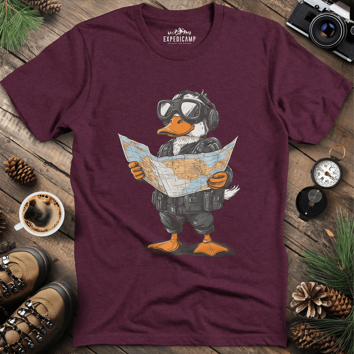 Adventurous Duck Navigator T-Shirt – Heather Maroon – Outdoor apparel for travel, hiking, camping, and nature lovers – ExpediCamp