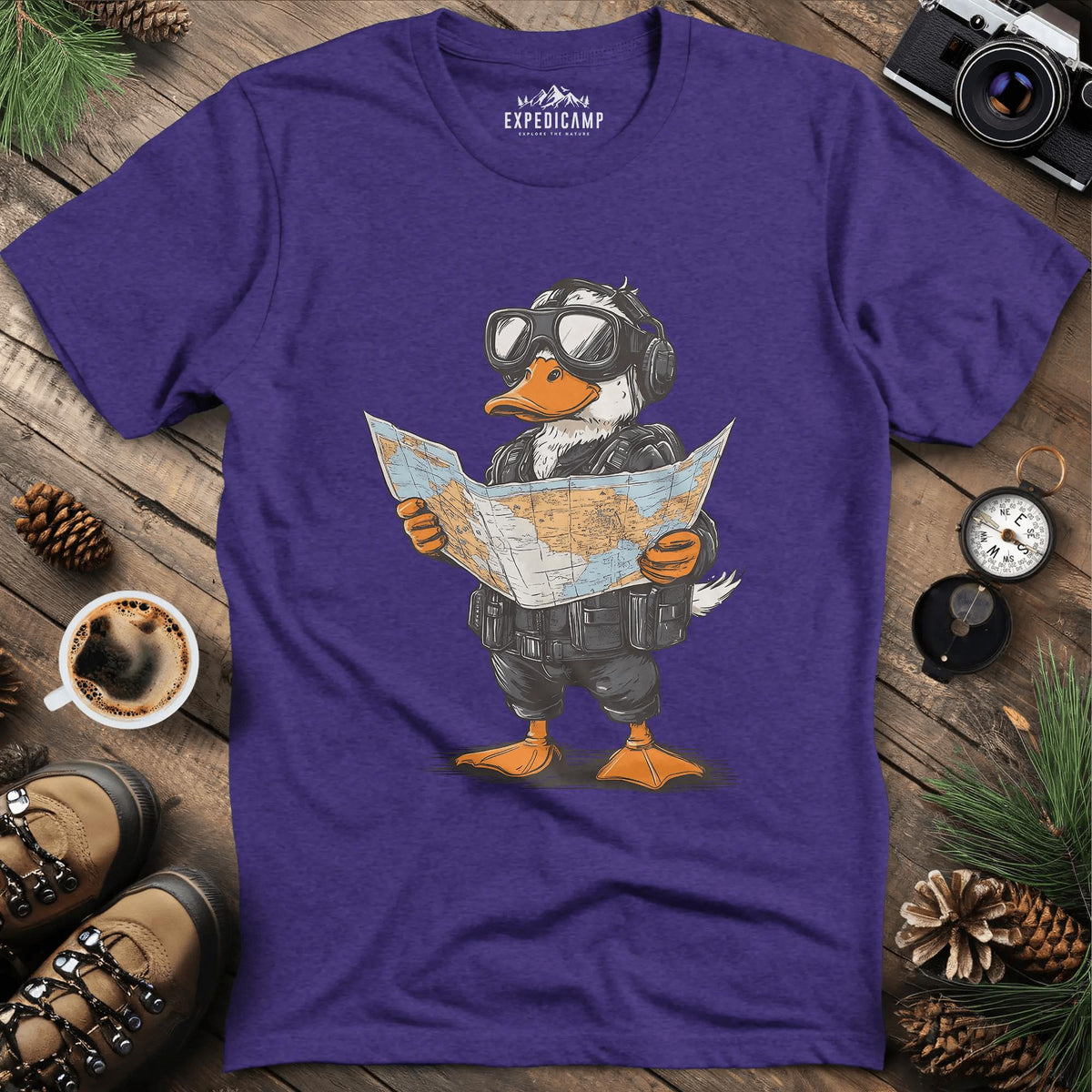 Adventurous Duck Navigator T-Shirt – Heather Purple – Outdoor apparel for travel, hiking, camping, and nature lovers – ExpediCamp