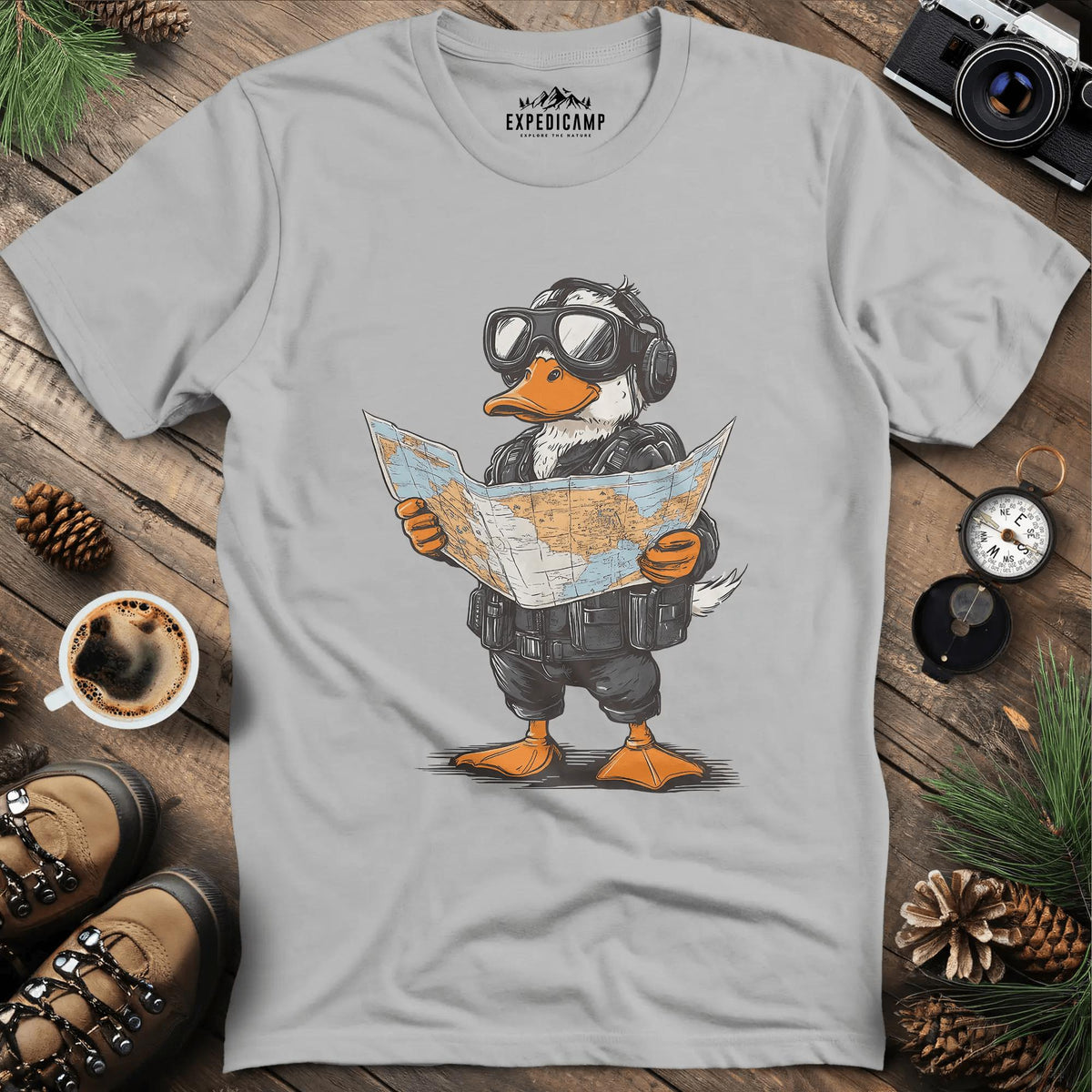 Adventurous Duck Navigator T-Shirt – Ice Grey – Outdoor apparel for travel, hiking, camping, and nature lovers – ExpediCamp