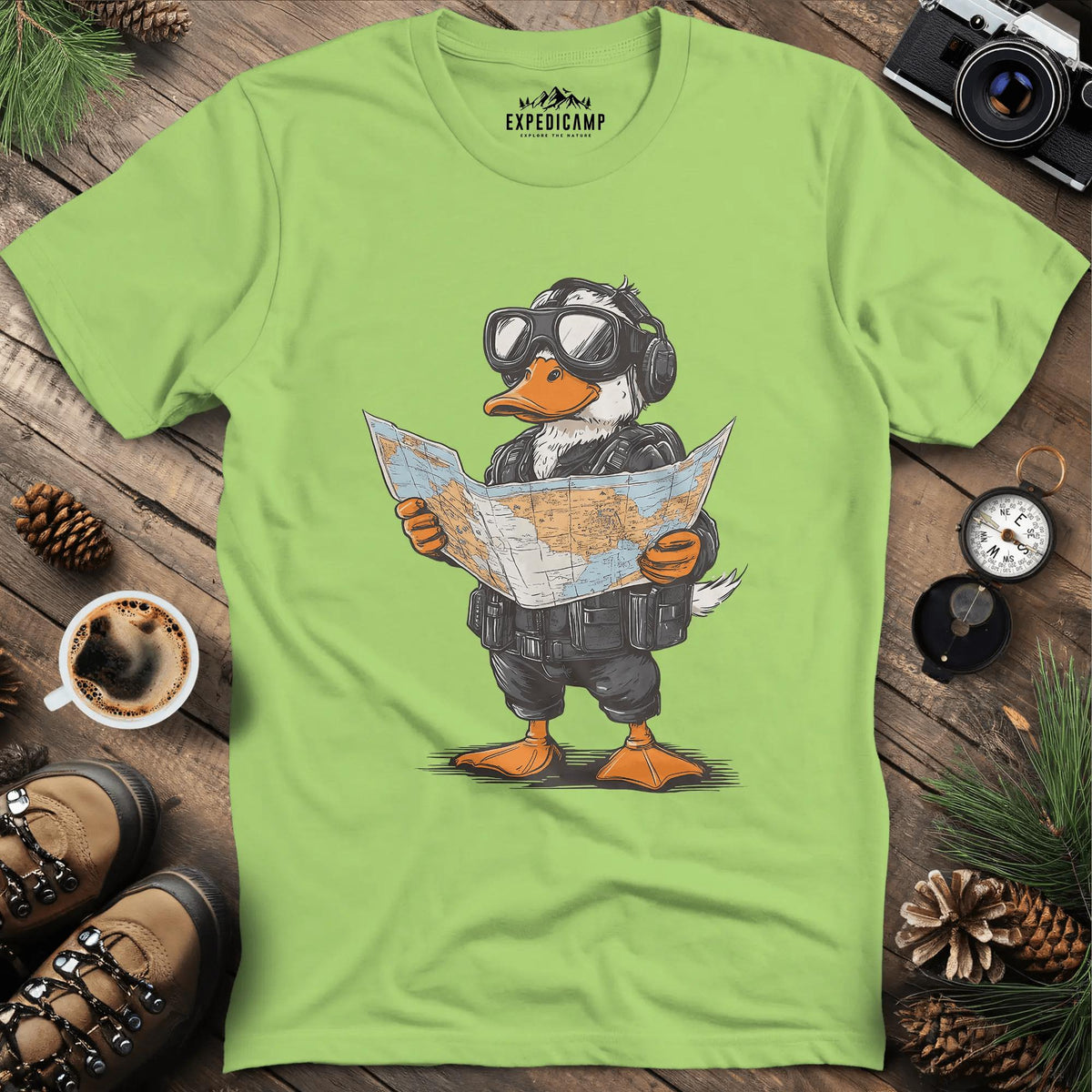 Adventurous Duck Navigator T-Shirt – Kiwi – Outdoor apparel for travel, hiking, camping, and nature lovers – ExpediCamp