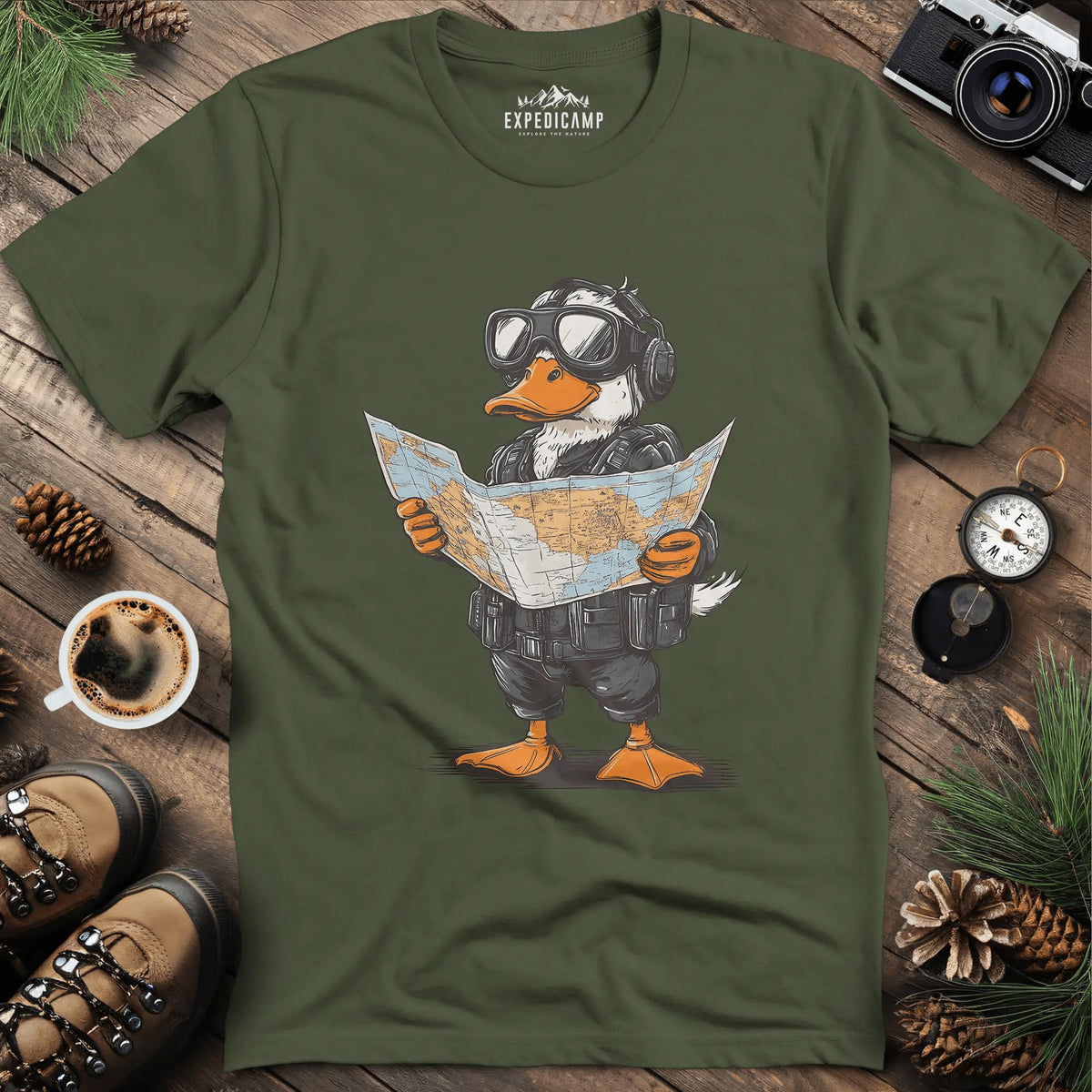 Adventurous Duck Navigator T-Shirt – Military Green – Outdoor apparel for travel, hiking, camping, and nature lovers – ExpediCamp