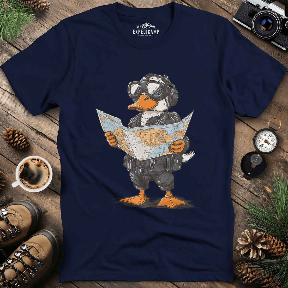 Adventurous Duck Navigator T-Shirt – Navy – Outdoor apparel for travel, hiking, camping, and nature lovers – ExpediCamp