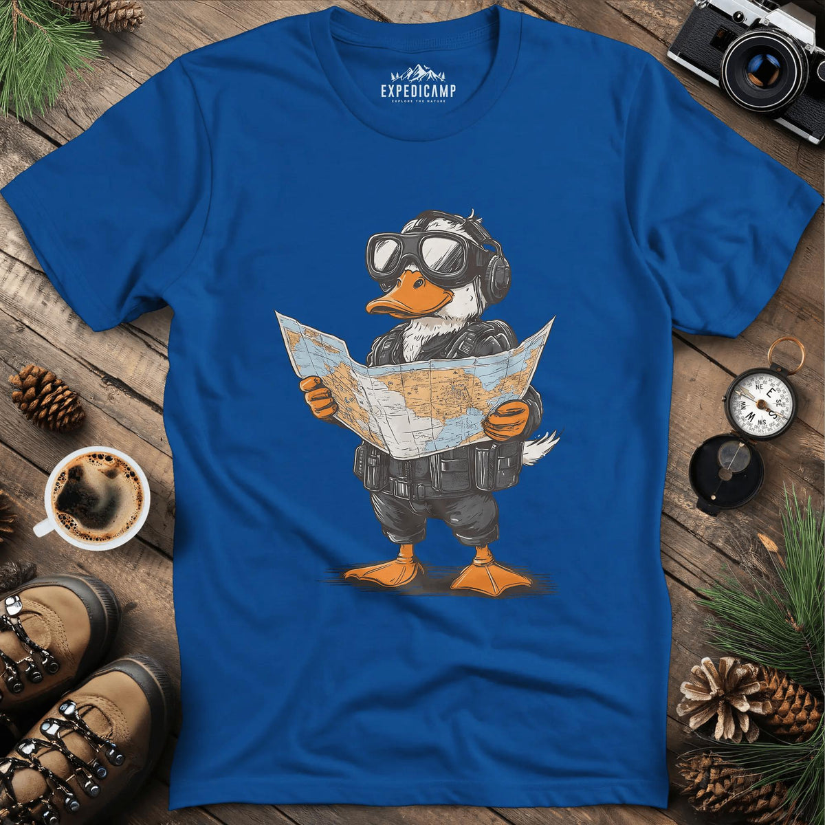 Adventurous Duck Navigator T-Shirt – Royal – Outdoor apparel for travel, hiking, camping, and nature lovers – ExpediCamp