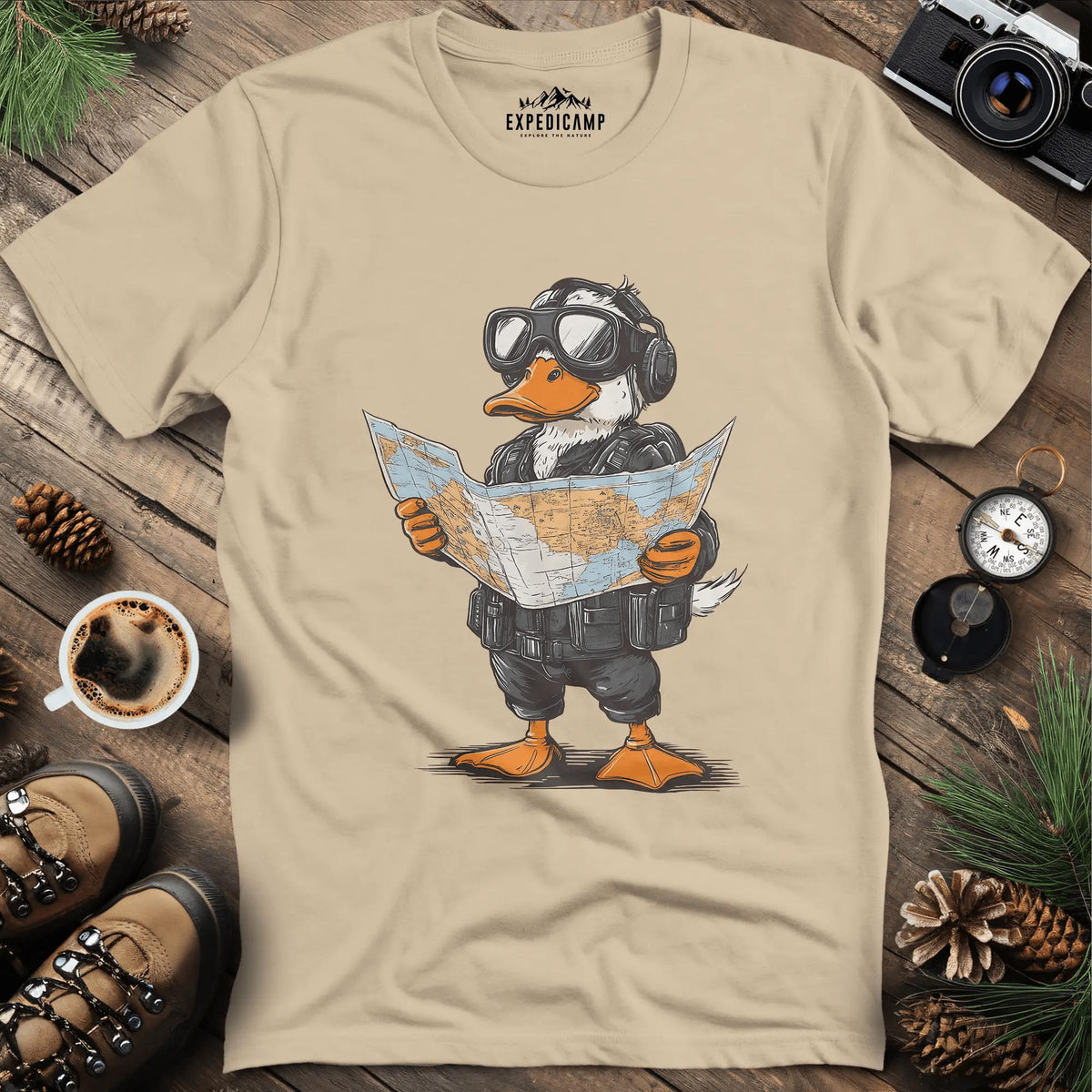 Adventurous Duck Navigator T-Shirt – Sand – Outdoor apparel for travel, hiking, camping, and nature lovers – ExpediCamp