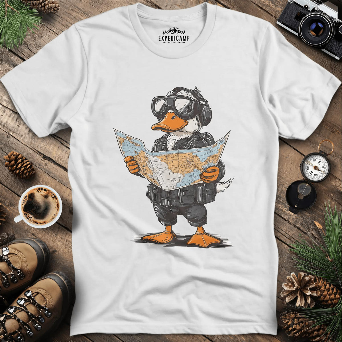 Adventurous Duck Navigator T-Shirt – White – Outdoor apparel for travel, hiking, camping, and nature lovers – ExpediCamp