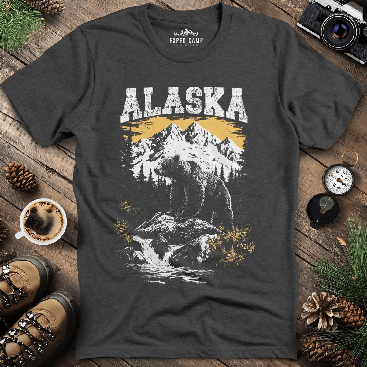 Alaska Grizzly Bear T-Shirt – Dark Heather – Outdoor apparel for travel, hiking, camping, and nature lovers – ExpediCamp