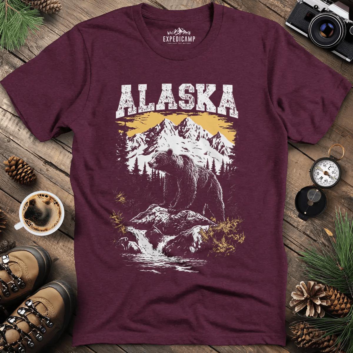 Alaska Grizzly Bear T-Shirt – Heather Maroon – Outdoor apparel for travel, hiking, camping, and nature lovers – ExpediCamp
