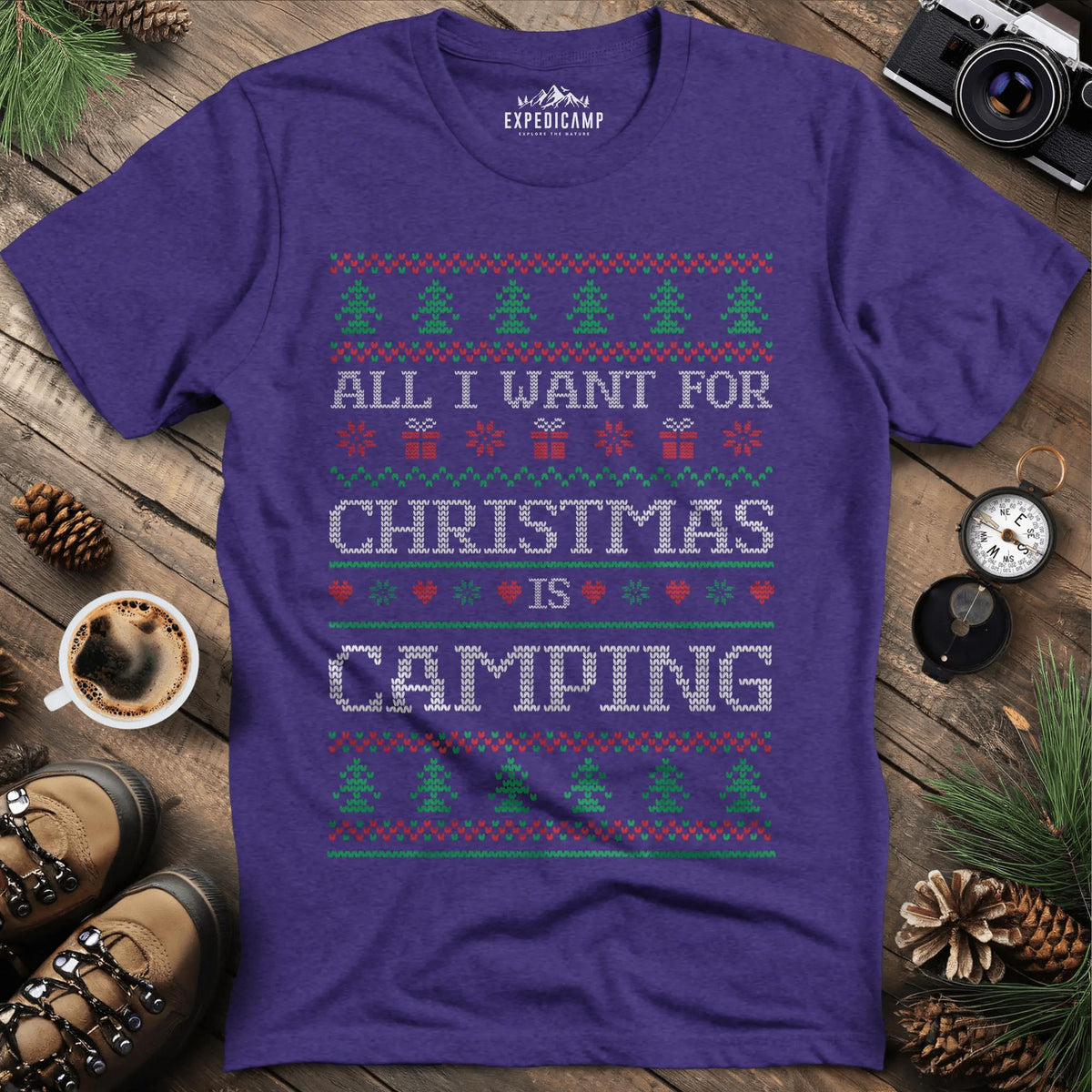 All I Want For Christmas Is Camping T-Shirt – Heather Purple – Outdoor apparel for travel, hiking, camping, and nature lovers – ExpediCamp