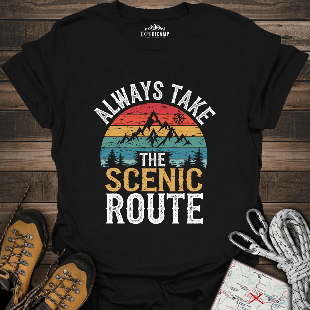 Always Take Scenic Route T-Shirt – Black – Outdoor apparel for travel, hiking, camping, and nature lovers – ExpediCamp