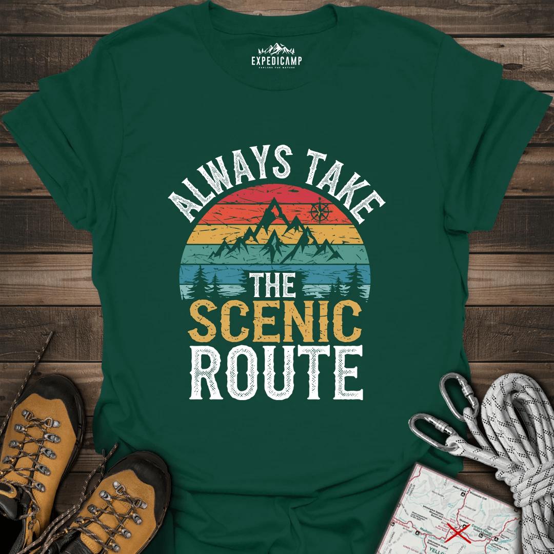 Always Take Scenic Route T-Shirt – Forest Green – Outdoor apparel for travel, hiking, camping, and nature lovers – ExpediCamp