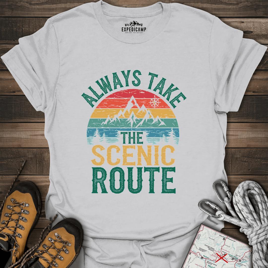 Always Take Scenic Route T-Shirt – Ice Grey – Outdoor apparel for travel, hiking, camping, and nature lovers – ExpediCamp