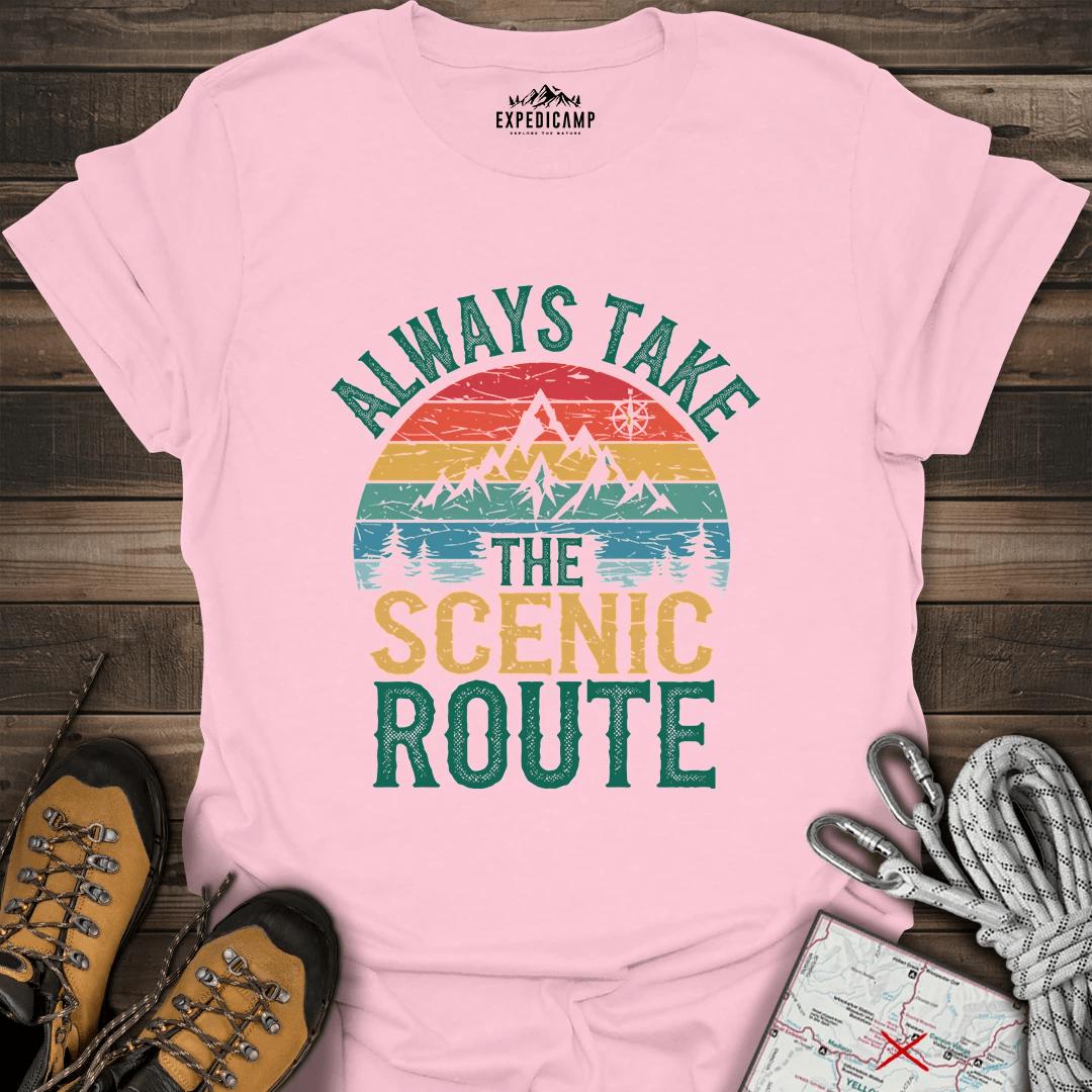 Always Take Scenic Route T-Shirt – Light Pink – Outdoor apparel for travel, hiking, camping, and nature lovers – ExpediCamp