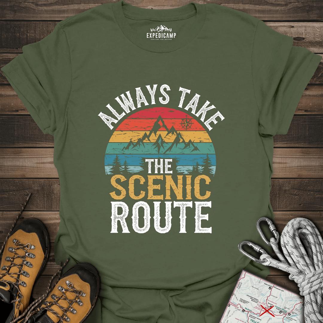 Always Take Scenic Route T-Shirt – Military Green – Outdoor apparel for travel, hiking, camping, and nature lovers – ExpediCamp
