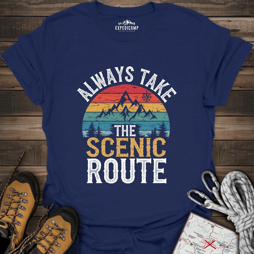 Always Take Scenic Route T-Shirt – Navy – Outdoor apparel for travel, hiking, camping, and nature lovers – ExpediCamp