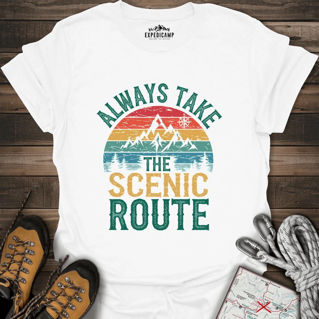 Always Take Scenic Route T-Shirt – White – Outdoor apparel for travel, hiking, camping, and nature lovers – ExpediCamp