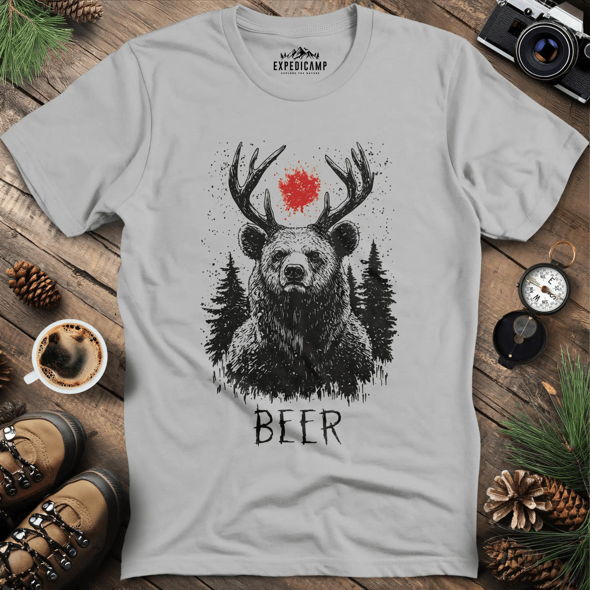 Antler Bear with Red Sun T-Shirt – Ice Grey – Outdoor apparel for travel, hiking, camping, and nature lovers – ExpediCamp