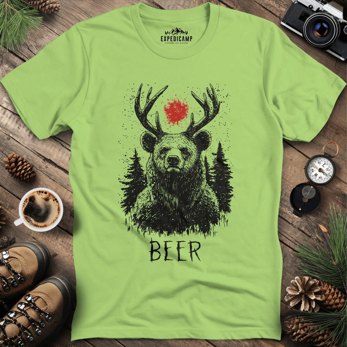 Antler Bear with Red Sun T-Shirt – Kiwi – Outdoor apparel for travel, hiking, camping, and nature lovers – ExpediCamp