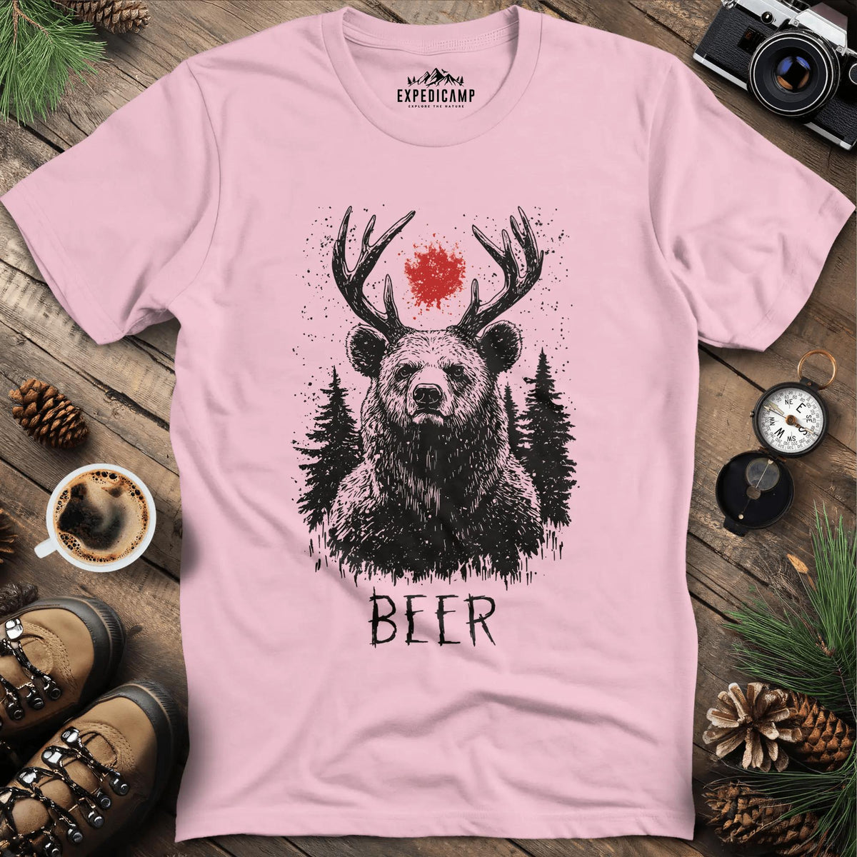 Antler Bear with Red Sun T-Shirt – Light Pink – Outdoor apparel for travel, hiking, camping, and nature lovers – ExpediCamp