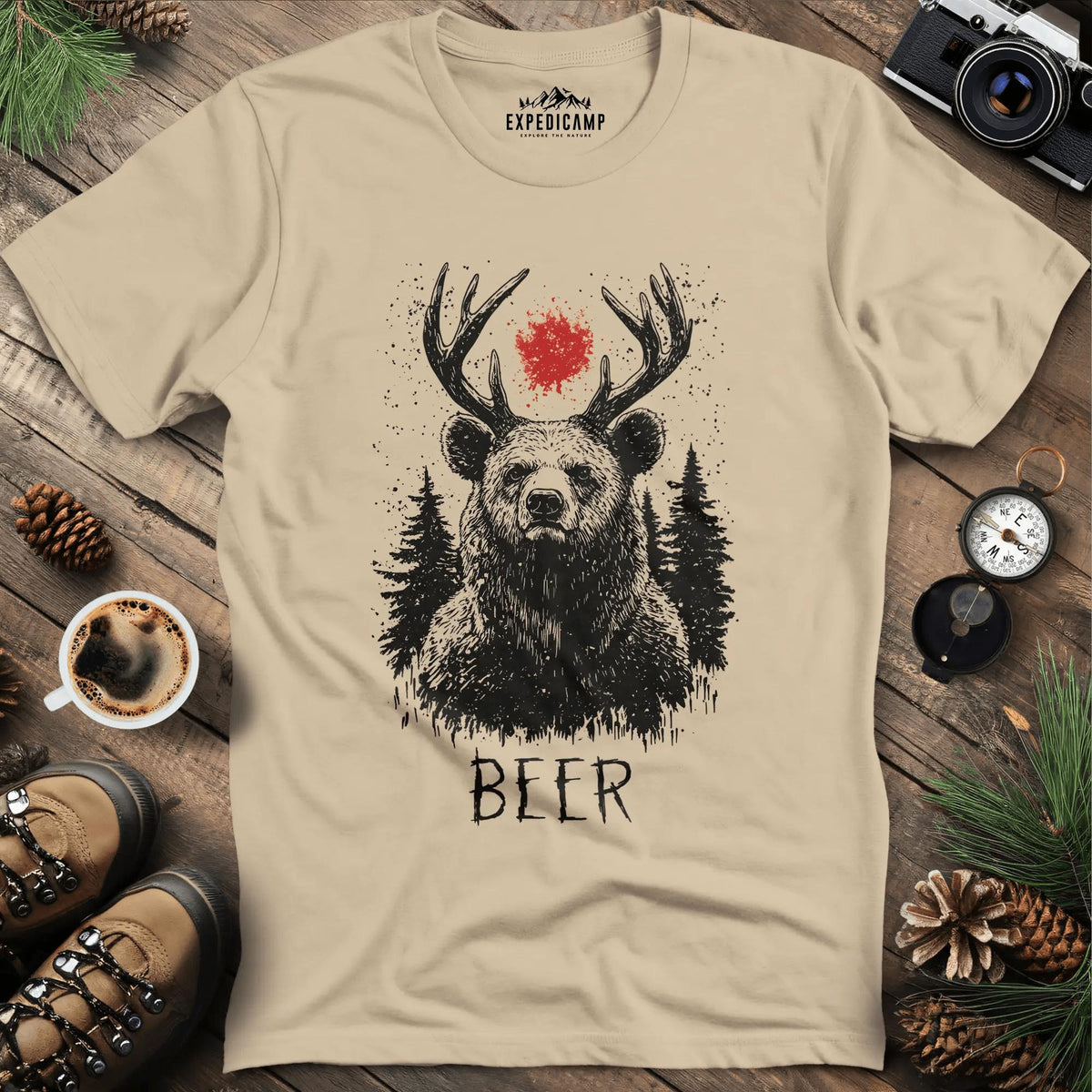 Antler Bear with Red Sun T-Shirt – Sand – Outdoor apparel for travel, hiking, camping, and nature lovers – ExpediCamp