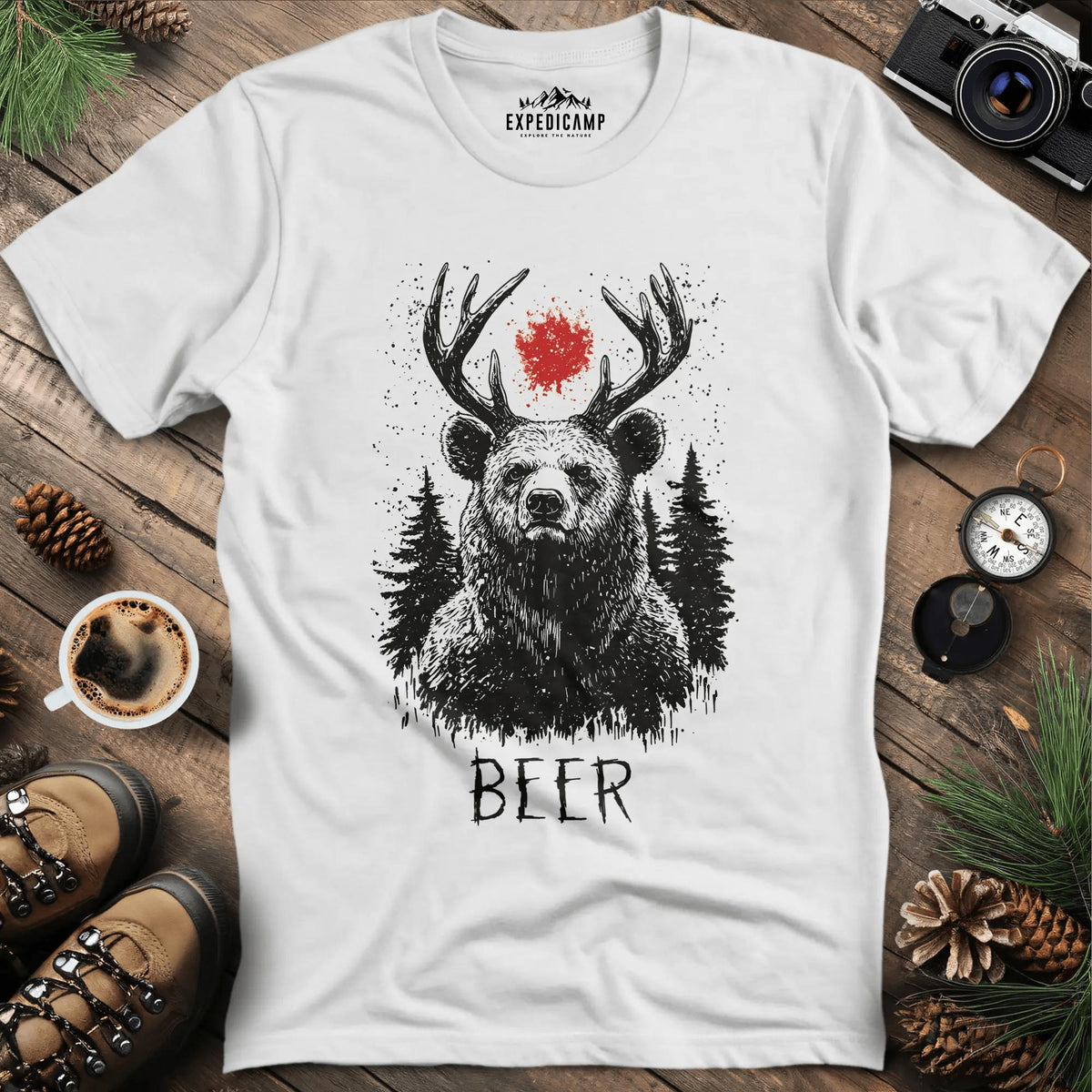 Antler Bear with Red Sun T-Shirt – White – Outdoor apparel for travel, hiking, camping, and nature lovers – ExpediCamp