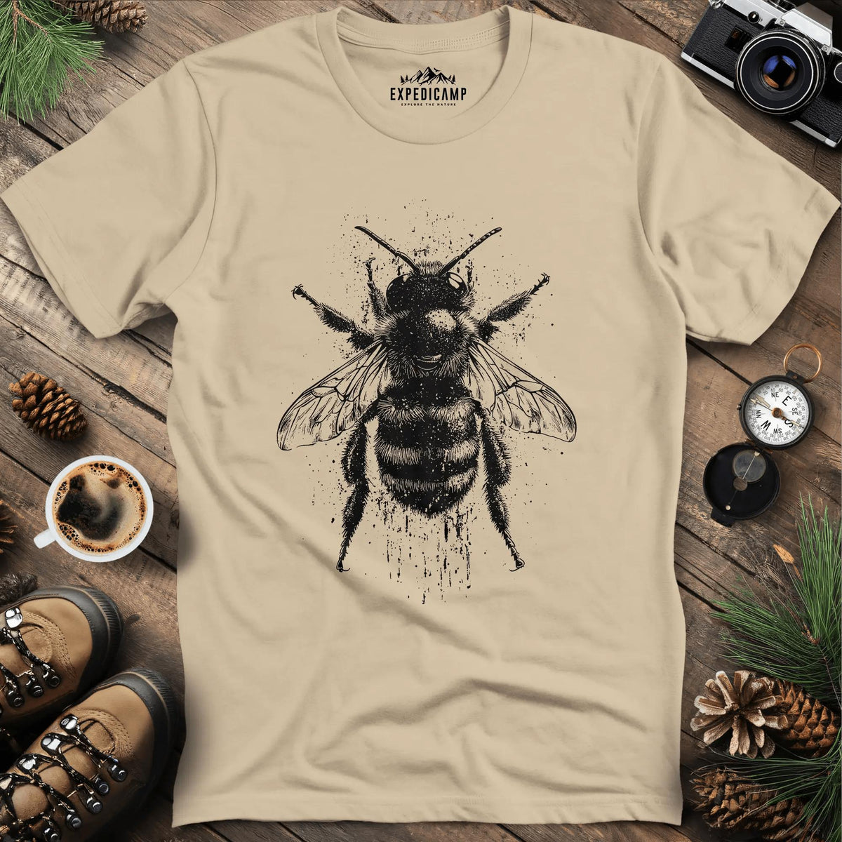 Artistic Bee T-Shirt – Sand – Outdoor apparel for travel, hiking, camping, and nature lovers – ExpediCamp